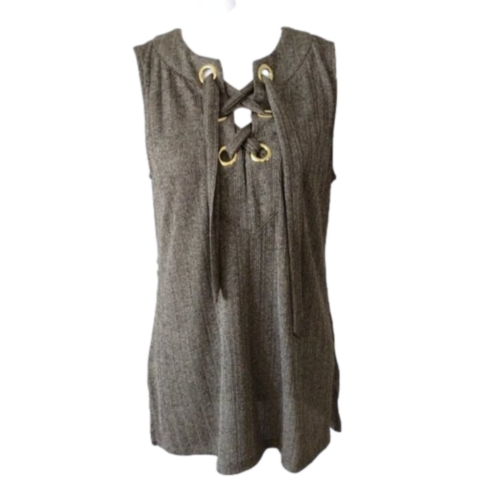 Michael Kors metallic safari green sleeveless blouse tie &‎ grommet front sz M